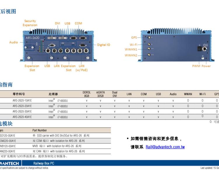 研华ARS-2620 EN50155 Intel® i7-6600U/i7-7600U 无风扇设计之列车车辆控制系统