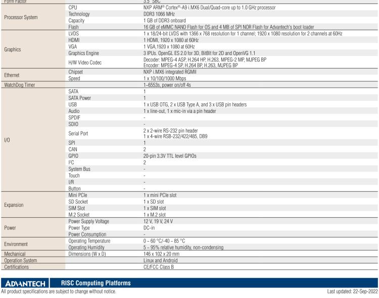研华RSB-4411 基于NXP ARM Cortex-A9 i.MX6的3.5寸单板