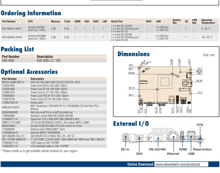 研华RSB-4680 基于Rockchip ARM Cortex-A17 RK3288 的3.5寸单板电脑