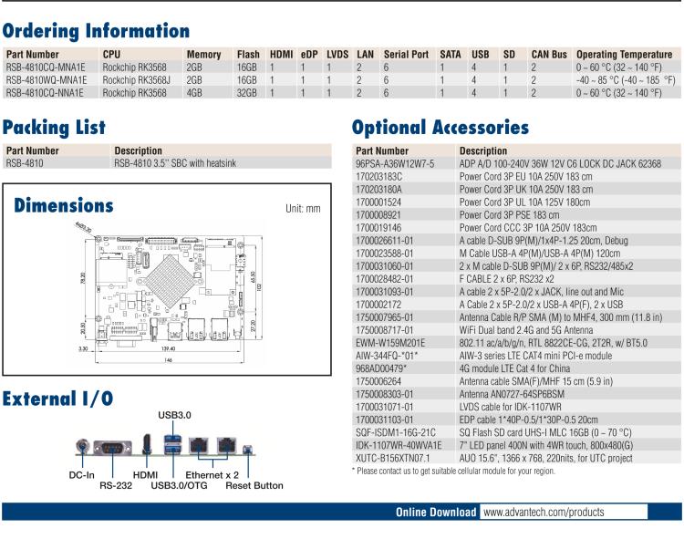 研华RSB-4810 Rockchip Arm Cortex-A55 RK3568 3.5" 单板电脑