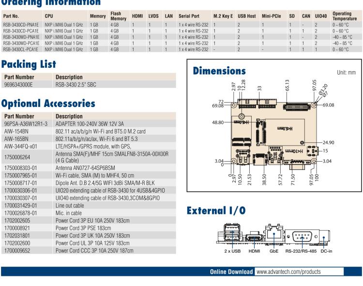 研华RSB-3430 基于NXP Arm Cortex-A9 i.MX6平台,精简功能的2.5寸紧凑型单板电脑。搭配UIO20/40可快速扩展各种外设接口