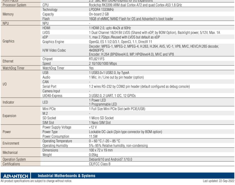 研华RSB-3710 Rockchip RK3399 Cortex-A72 2.5" 单板电脑，带 UIO40-Express扩展