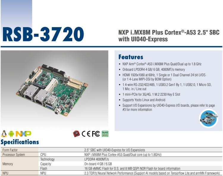 研华RSB-3720 NXP i.MX8M Plus Cortex®-A53 2.5" 单板电脑