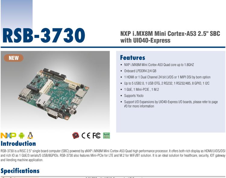 研华RSB-3730 基于NXP i.MX8M Cortex-A53 2.5" 单板电脑, 支持 UIO40-Express扩展