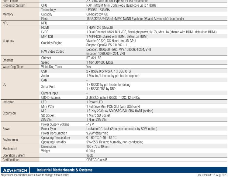 研华RSB-3730 基于NXP i.MX8M Cortex-A53 2.5" 单板电脑, 支持 UIO40-Express扩展