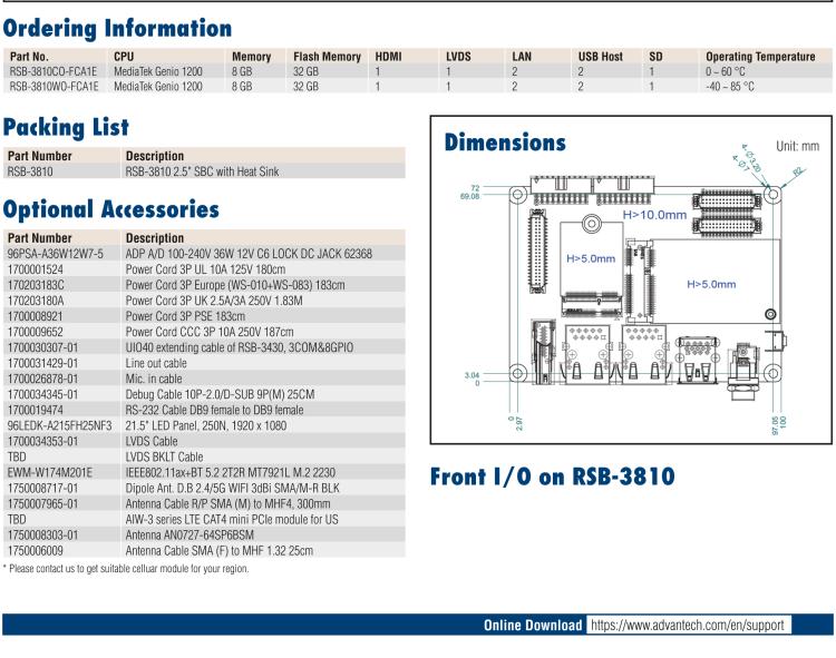 研华RSB-3810 基于联发科Genio 1200 Cortex-A78&A55 平台的2.5" 单板电脑, 支持 UIO40-Express扩展