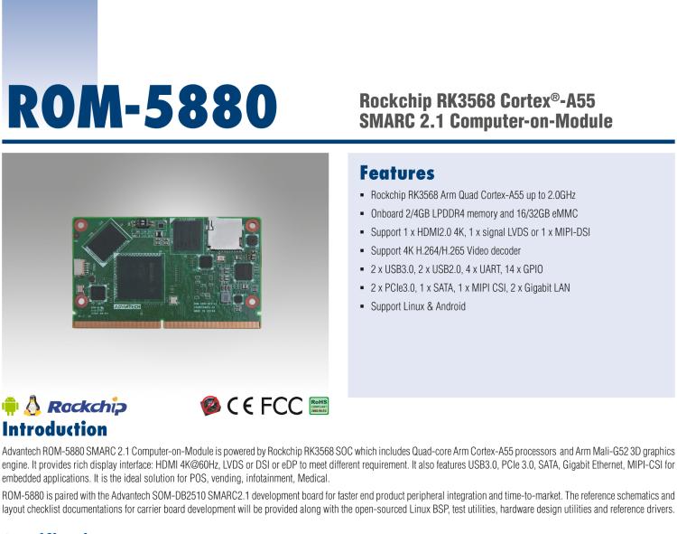 研华ROM-5880 基于瑞芯微RK3568平台的SMARC2.1核心模块