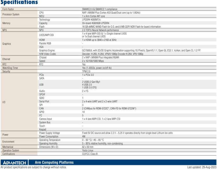 研华ROM-5722 NXP i.MX8M Plus Cortex®-A53 SMARC 2.0/2.1 核心板