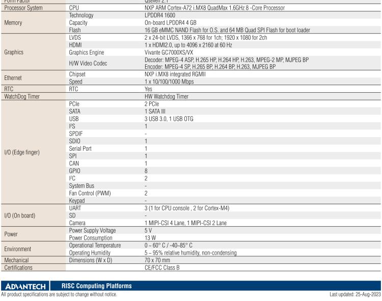 研华ROM-7720 基于NXP i.MX 8QM Qseven Arm核心模块，多核异构，具备优异的计算及图形显示性能