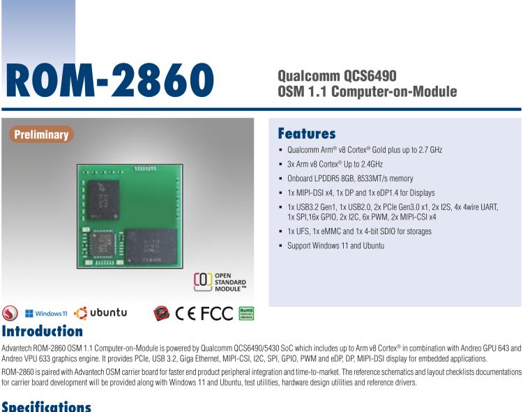 研华ROM-2860 Qualcomm QCS6490 OSM 1.1 Computer-on-Module