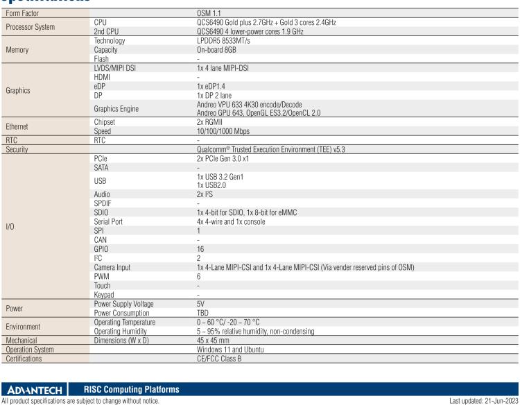 研华ROM-2860 Qualcomm QCS6490 OSM 1.1 Computer-on-Module