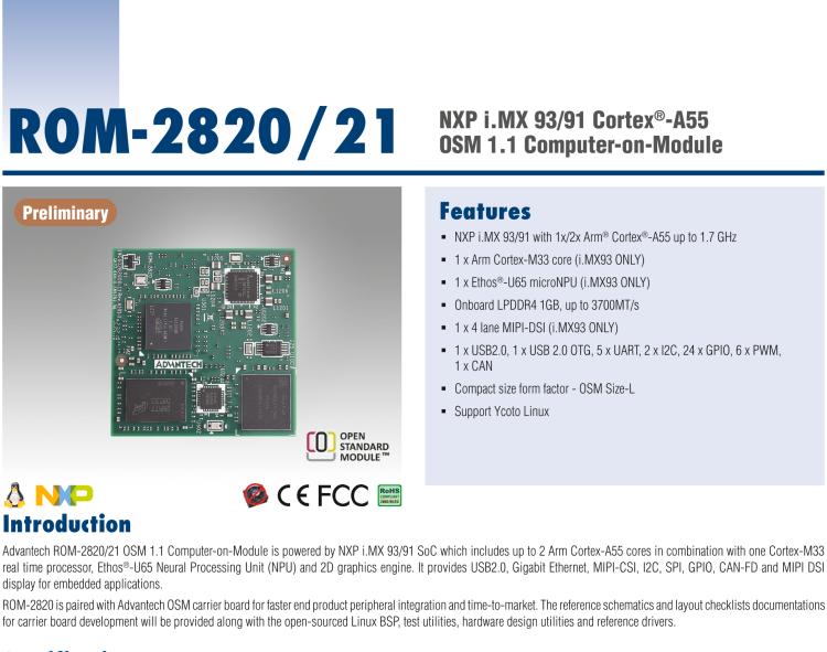 研华ROM-2820 NXP i.MX 93/91 Cortex®-A55 OSM 1.1 Computer-on-Module