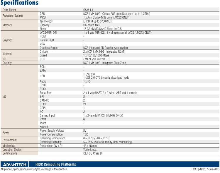 研华ROM-2820 NXP i.MX 93/91 Cortex®-A55 OSM 1.1 Computer-on-Module