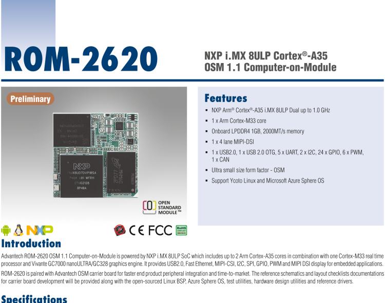 研华ROM-2620 NXP i.MX 8ULP Cortex®-A35 OSM 1.1 Computer-on-Module