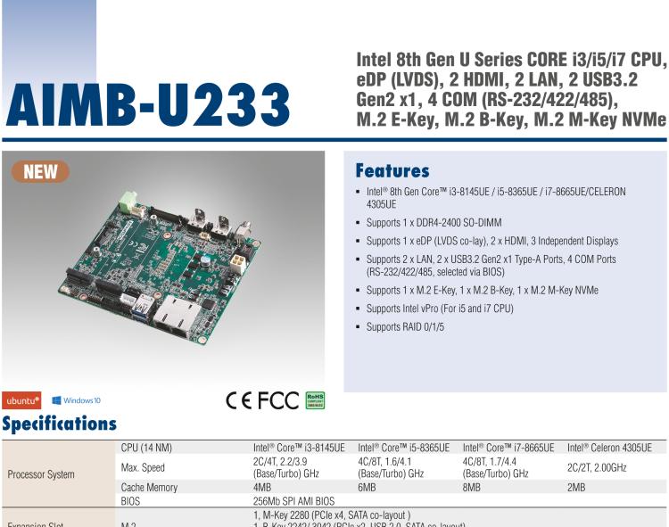 研华AIMB-U233 板载Intel 第8代 U系列 Core i3/i5/i7 处理器。低功耗高性能，无风扇设计。