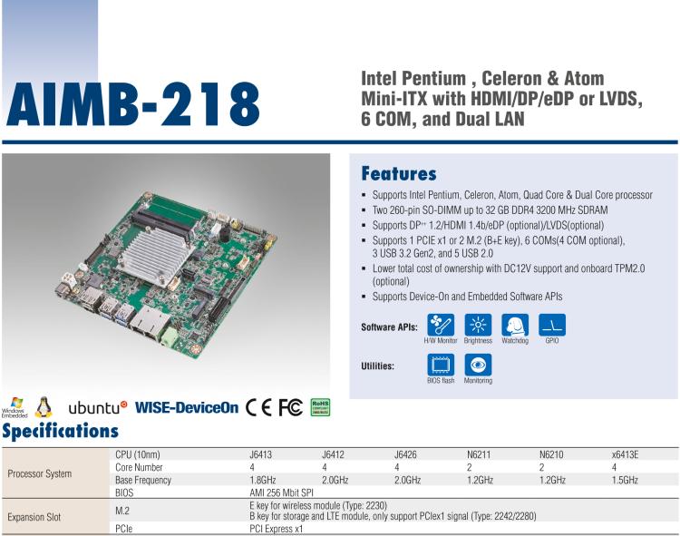 研华AIMB-218 板载Intel® 第8代 奔腾/赛扬/凌动系列处理器。支持独立三显，超薄紧凑，无风扇设计，支持宽温。