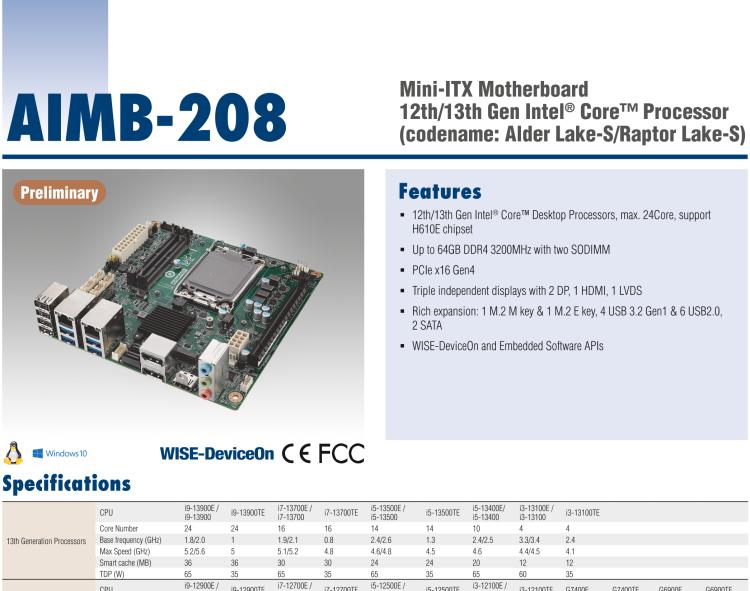 研华AIMB-208 适配Intel 第12/13代 Core i/奔腾系列处理器，搭载H110芯片组。高性价比，拥有丰富的扩展接口，通用性强，稳定可靠。
