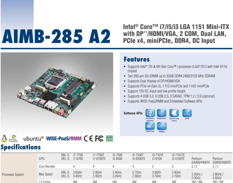 研华AIMB-285 适配Intel® 第6/7代 Core™ i 处理器，搭载H110芯片组。超薄紧凑，是理想的高性价比解决方案。