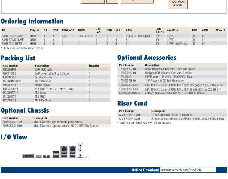 研华AIMB-275 适配Intel® 第6/7代 Core™ i 处理器，搭载Intel Q170/H110芯片组。性能强劲，接口丰富。