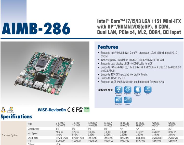 研华AIMB-286 Intel® 第8/9代 Core™ i 系列处理器，搭载Intel H310芯片组。超薄设计，结构紧凑。