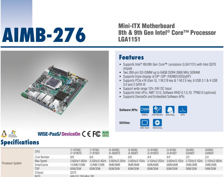 研华AIMB-276 适配Intel 第8/9代 Core™i7/i5/i3 处理器，搭载Q370芯片组。超高性能，是边缘计算、AI视频检测等理想解决方案。