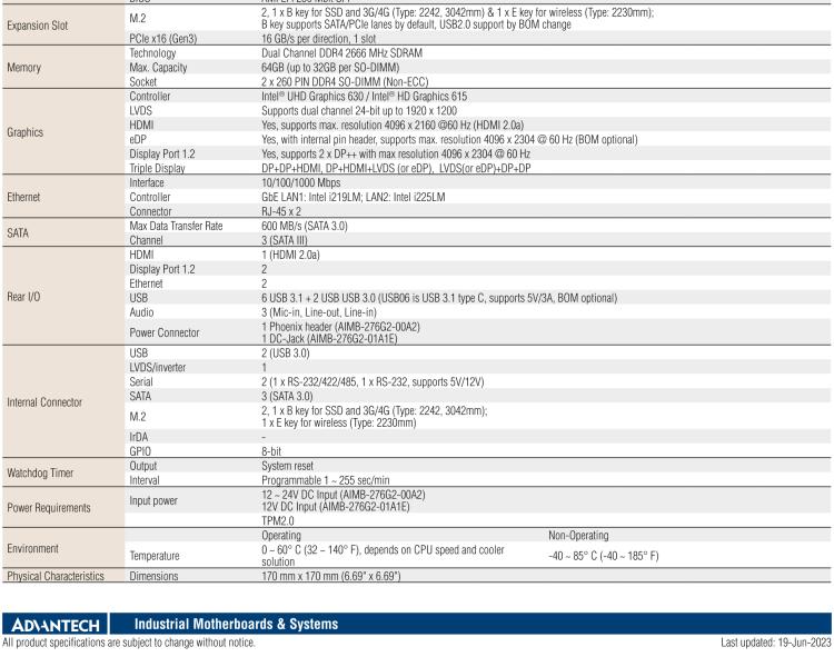 研华AIMB-276 适配Intel 第8/9代 Core™i7/i5/i3 处理器，搭载Q370芯片组。超高性能，是边缘计算、AI视频检测等理想解决方案。