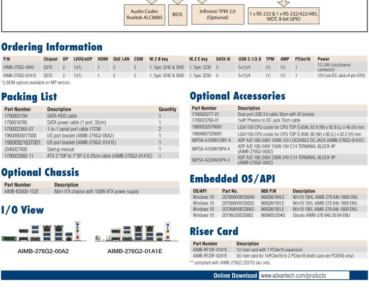 研华AIMB-276 适配Intel 第8/9代 Core™i7/i5/i3 处理器，搭载Q370芯片组。超高性能，是边缘计算、AI视频检测等理想解决方案。