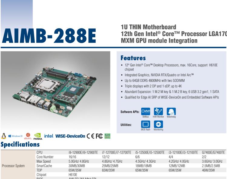 研华AIMB-288E 板载Intel 第12代 Core i 桌面级CPU。横向显卡插槽，搭配NVIDIA Quadro T1000 MXM显卡。超薄散热设计，高性能选择方案。