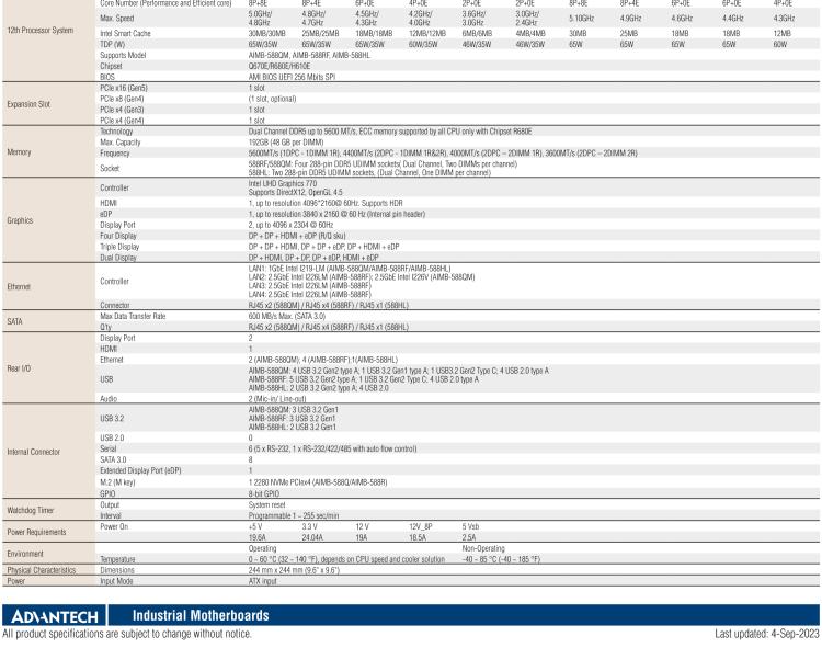 研华AIMB-588B1 适配Intel 第12/13代 Core i/奔腾系列处理器，搭载Q670E/R680E/H610E芯片组。性能可达服务器级别，独立四显，具备专业的图像处理能力，是理想的行业解决方案。