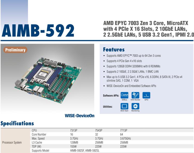 研华AIMB-592 适配AMD EPYC 7003系列处理器。性能达到服务器级别，4路PCIe x16满足各类拓展需求，可做小型工作站、小型视觉图像处理服务器使用。