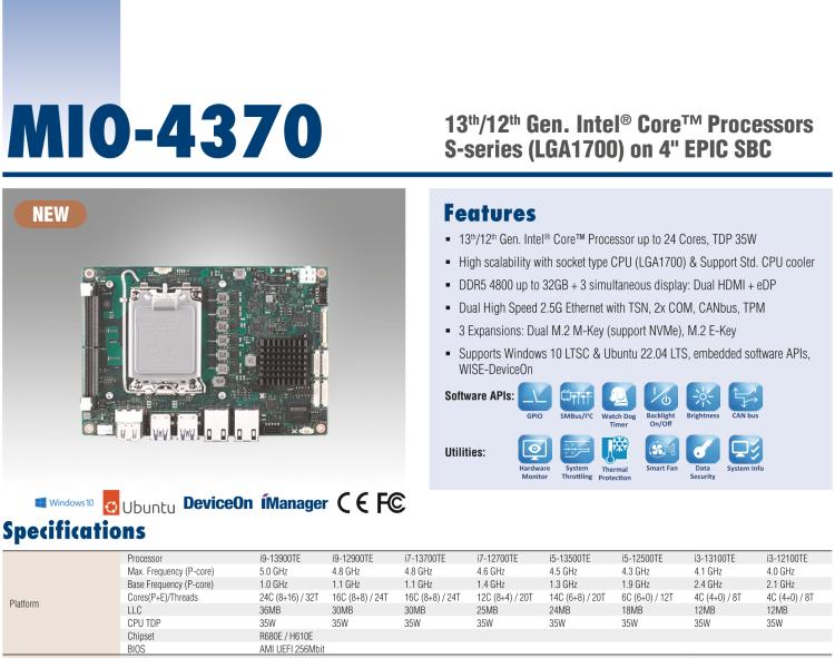 研华MIO-4370 基于第12代Intel Core处理器（Alder Lake-S系列，LGA1700 socket CPU）， 4" EPIC 单板电脑