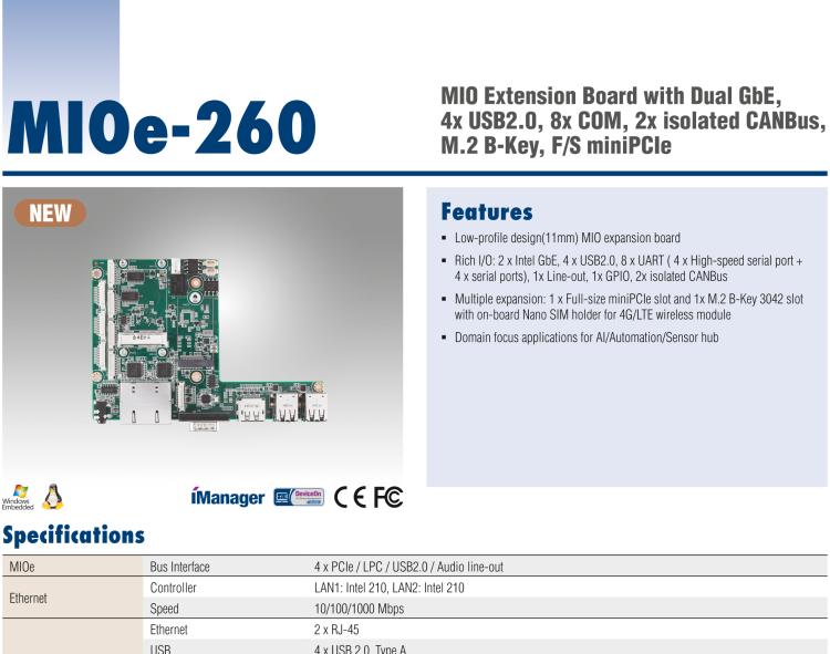 研华MIOe-260 M.2 B-key，高速 miniPCIe，双Intel LAN，4个USB2.0、8个COM