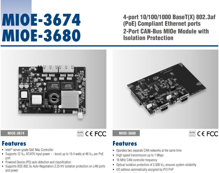 研华MIOE-3680 2路隔离CAN Bus扩展模块