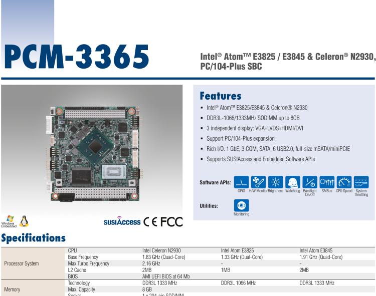 研华PCM-3365 英特尔第四代凌动®Atom™E3825 / E3845＆赛扬®N2930，PC / 104-Plus嵌入式主板，ISA，VGA，HDMI / DVI，LVDS，6 USB，mSATA或板载SSD