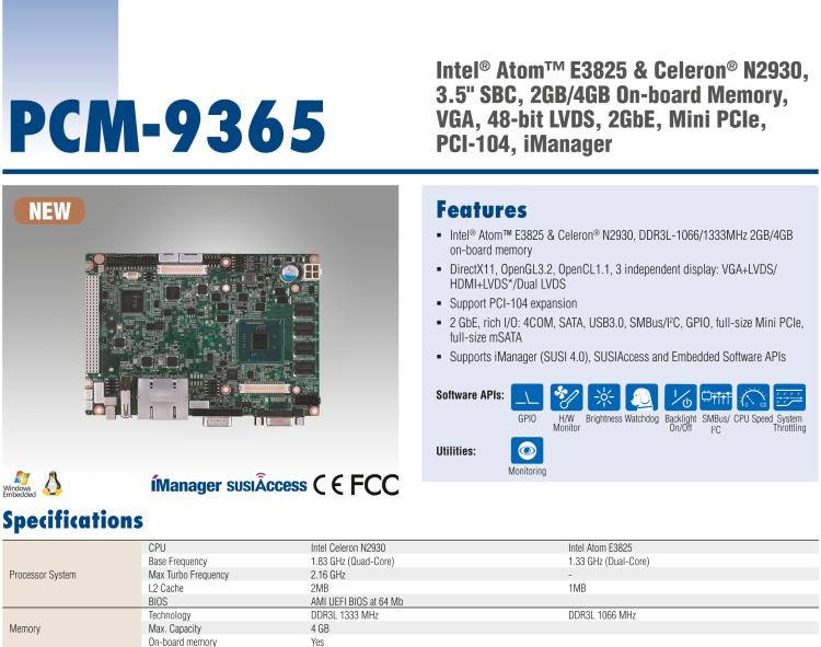 研华PCM-9365 第四代ATOM PCI-104 3.5寸主板, 搭载E3825，N2930 CPU，2GB/4GB内存在板，VGA, 18/24-bit LVDS, 2GbE, Mini PCIe, PCI-104, iManager