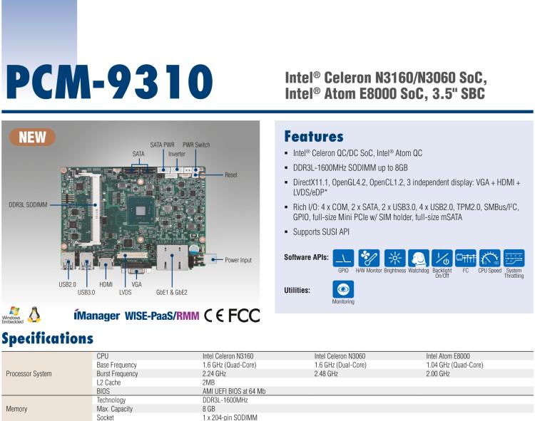 研华PCM-9310 英特尔第五代Atom®赛扬N3160 / N3060 SoC，Intel®Atom E8000 SoC，3.5寸单板电脑，DDR3L，VGA，HDMI，48位LVDS，2GbE，Mini PCIe，mSATA，SUSI API