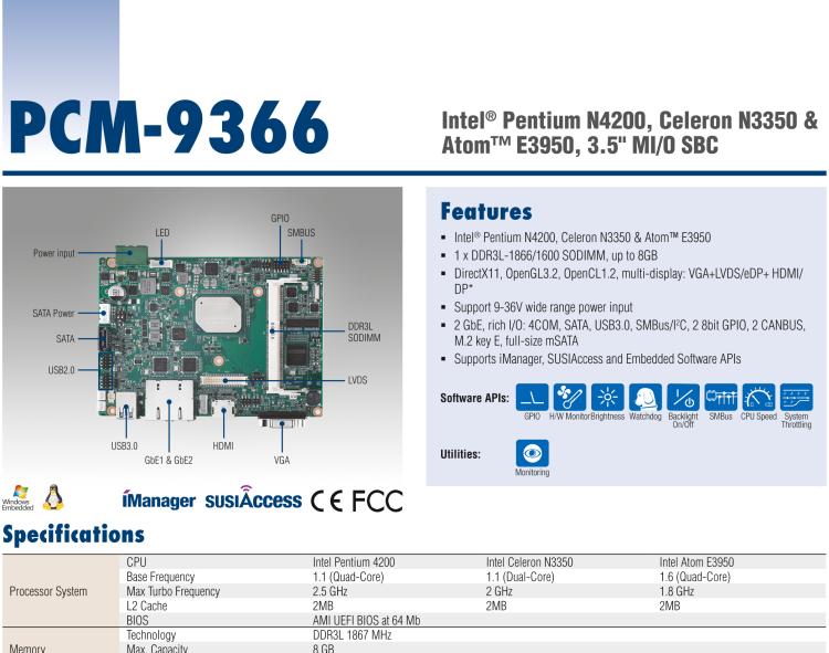 研华PCM-9366 Intel 第六代Atom®奔腾N4200赛扬N3350，3.5寸单板电脑