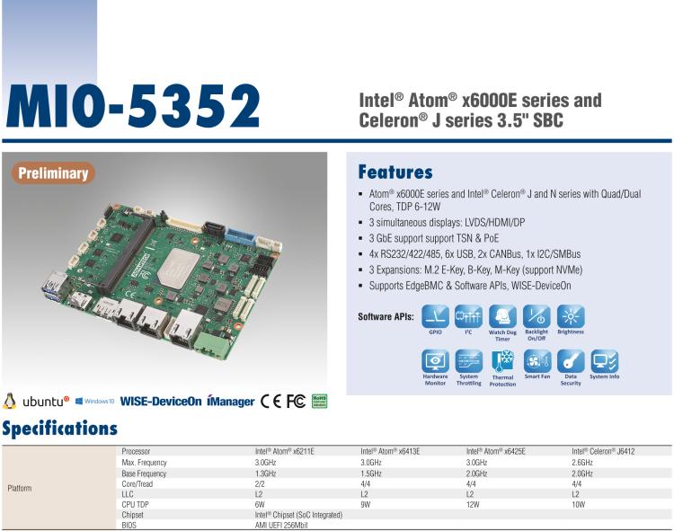 研华MIO-5352 第8代 Intel Atom® x6000E &Celeron® J&N系列单板电脑