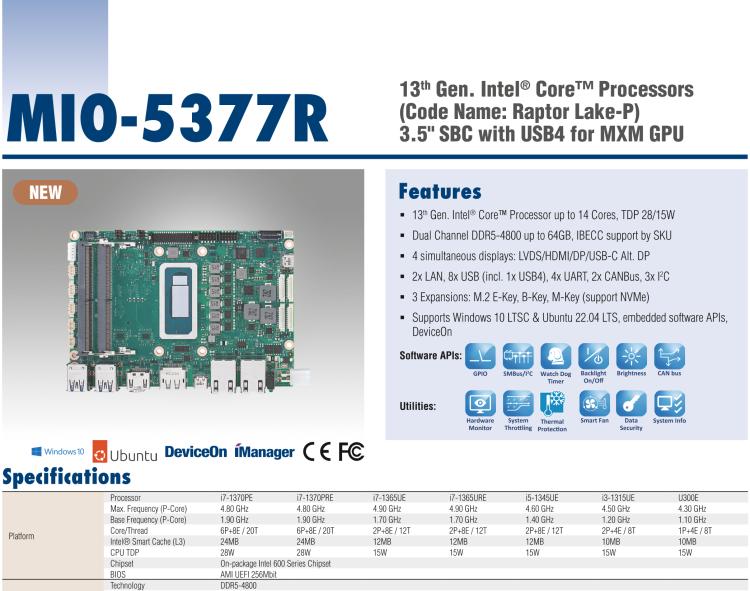 研华MIO-5377R 第13代Intel Core i7/ i5/ i3/U300E P/U系列 3.5" 单板电脑