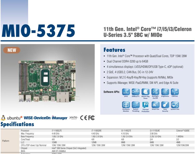 研华MIO-5375 第11代 Intel Core U 系列3.5”MI/O 单板电脑