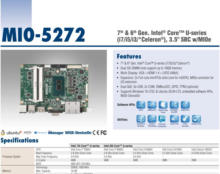 研华MIO-5272 第六/七代 Intel Core-U系列 超极本CPU 低功耗3.5寸单板电脑