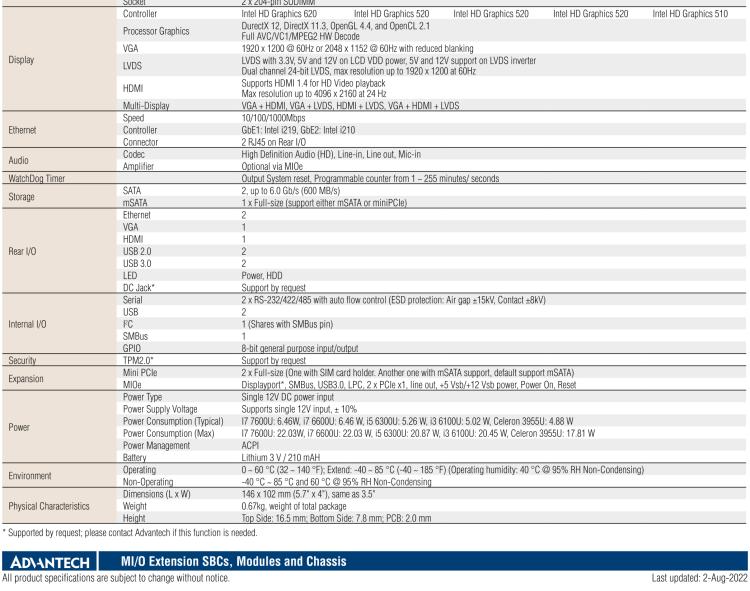 研华MIO-5272 第六/七代 Intel Core-U系列 超极本CPU 低功耗3.5寸单板电脑