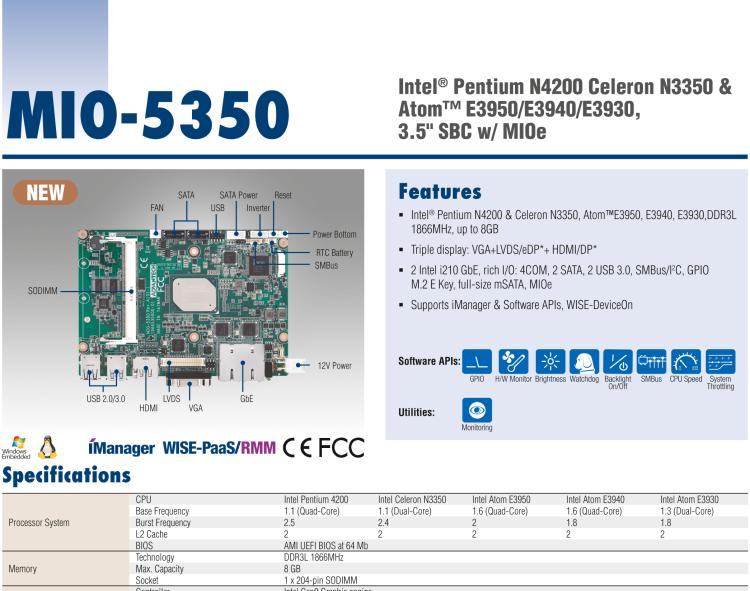 研华MIO-5350 英特尔第六代凌动 Atom®奔腾N4200/N3350，3.5寸单板电脑