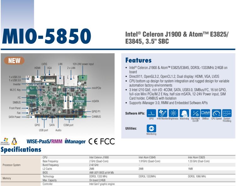 研华MIO-5850 Intel赛扬J1900和Atom™E3825 / E3845,3.5“MI / O-Compact SBC，板载DDR3L，3GbE，iManager 3.0,16位GPIO，CANBUS，板载eMMC，12V / 24V电源输入