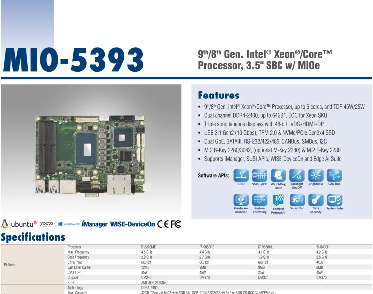 研华MIO-5393 第九代Intel 高性能笔记本CPU 3.5寸小尺寸嵌入式单板，性能提升25%，TDP 45W/25W，支持DDR4 64GB内存，2LAN, 4USB 3.1，M.2 2280 Key支持NVMe，-40-85℃宽温