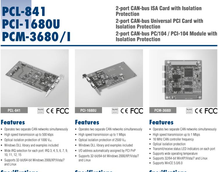 研华PCM-3680 2端口CAN总线电脑/带隔离保护的104模块