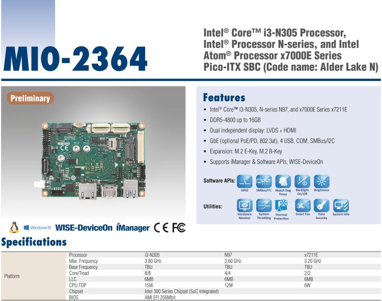 研华MIO-2364 12代Intel Core i3-N305/Atom/Celeron 系列PICO-ITX单板电脑