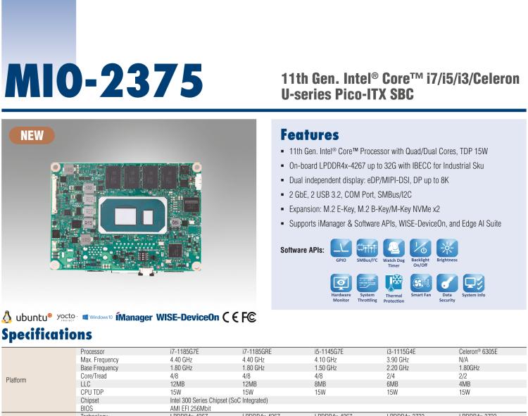 研华MIO-2375 第11代 Intel Core U 系列 Pico-ITX 2.5" 单板电脑