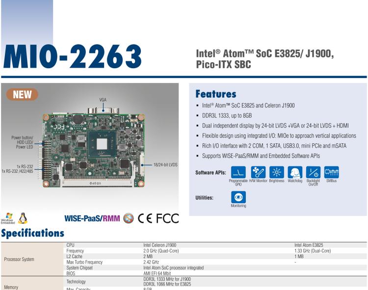 研华MIO-2263 2.5寸Pico-ITX主板，搭载Intel® Atom™ SoC E3825/ J1900处理器的2.5寸Pico-ITX单板电脑，采用DDR3L内存，支持24-bit LVDS + VGA/HDMI独立双显，带有丰富I/O接口：1个GbE、半长Mini PCIe、4个USB、2个COM、SMBus、mSATA & MIOe