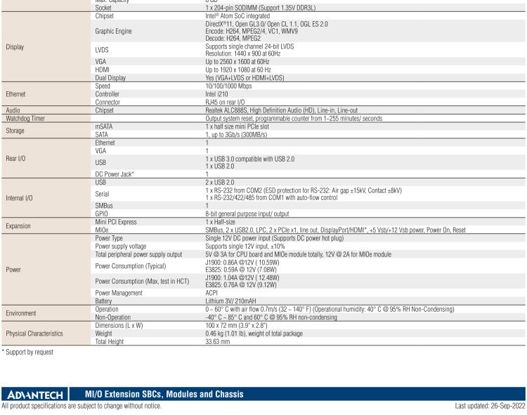 研华MIO-2263 2.5寸Pico-ITX主板，搭载Intel® Atom™ SoC E3825/ J1900处理器的2.5寸Pico-ITX单板电脑，采用DDR3L内存，支持24-bit LVDS + VGA/HDMI独立双显，带有丰富I/O接口：1个GbE、半长Mini PCIe、4个USB、2个COM、SMBus、mSATA & MIOe